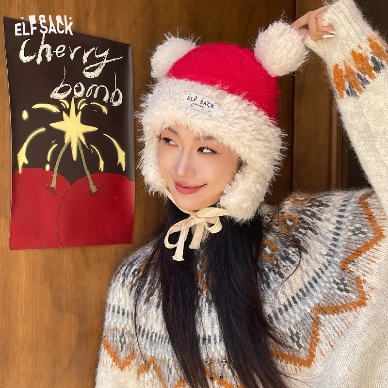 ELFSACK Y2K Cute Plush Hat Ear Flap Solid Tie Beanie For Women