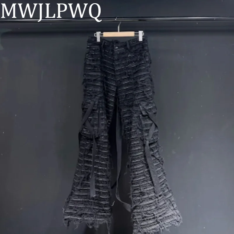 

MWJLPWQ Thicken Striped Rough Edge Y2K Jeans Silhouette High Street Male Straight Leg Pants Hiphop Boot Cut Trousers 010466