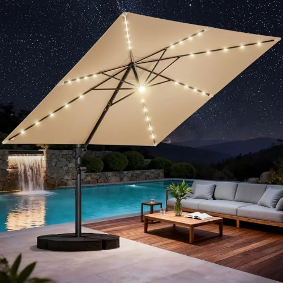

10 ft Square Cantilever Patio Umbrella with Base Included, Solar Lights Large Umbrella Outdoor Patio with 360°Rotation&Tilting
