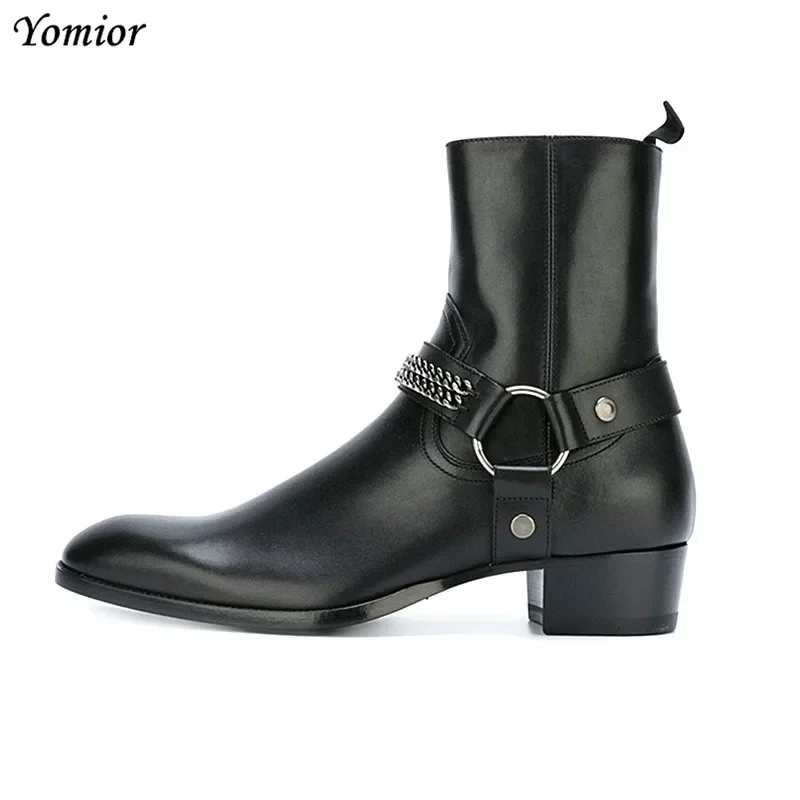 British Style Mens Chelsea Boots Elegant Slip-On Male Real Cow Leather Ankle Boots Trendy Fashion Ring Chain Casual Shoes