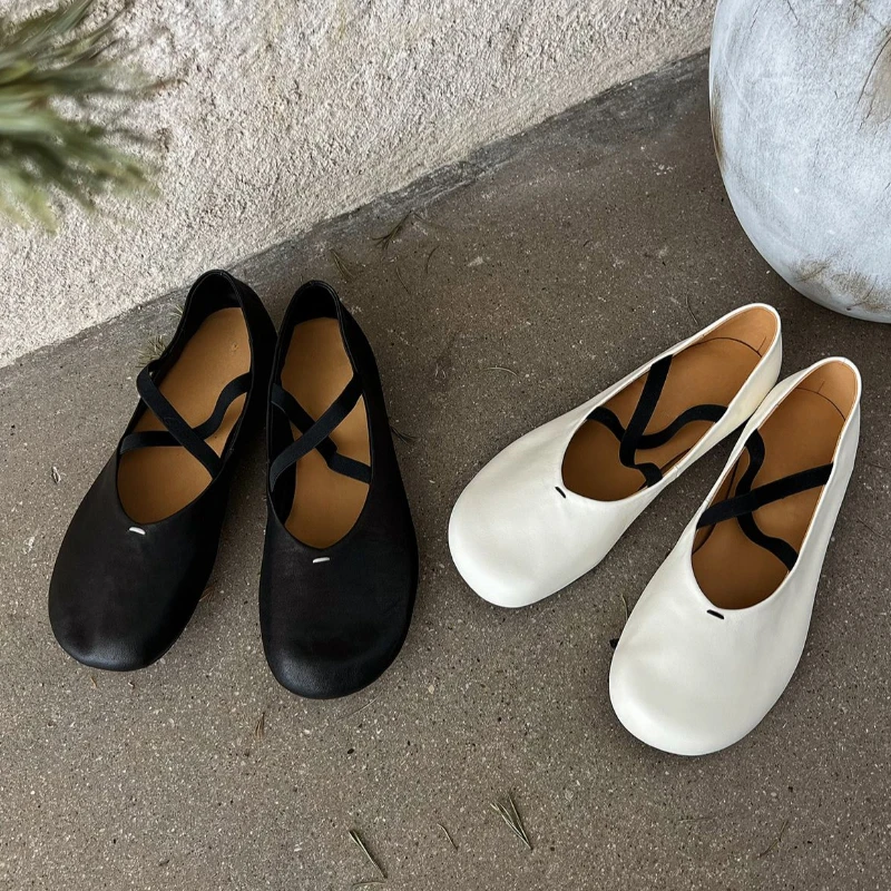 クロスストラップバレエシューズ-2025-夏-通気性-フラットシューズ-ヴィンテージ-ソフトレザー-メリージェーンシューズ