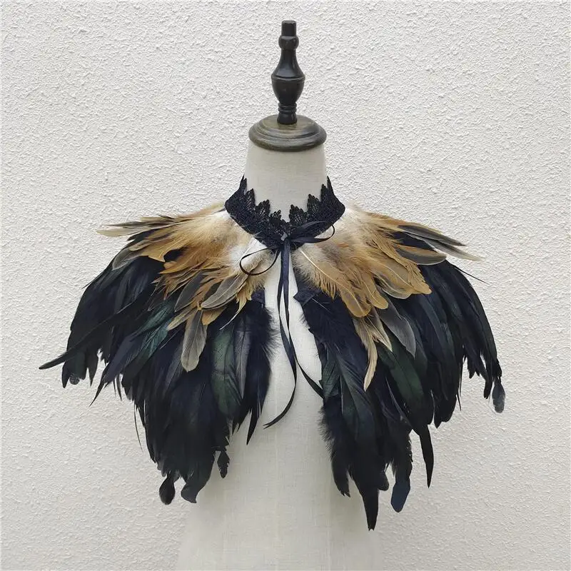 Gothic Feather Shawl for Women Mens Feathers Neck Collar Crow Costume Maleficent Witch Cosplay Cape Rave Punk Feathers Shoulder