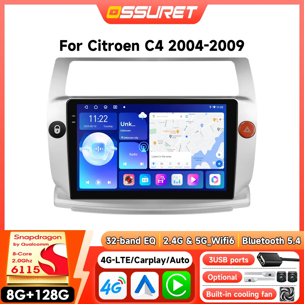 8-Kern Android Autoradio für Citroen C4 2004-2009 Intelligentes Kabelloses Carplay Auto-Multimediaplayer GPS 4G DSP 6115 360-Grad-Kamera