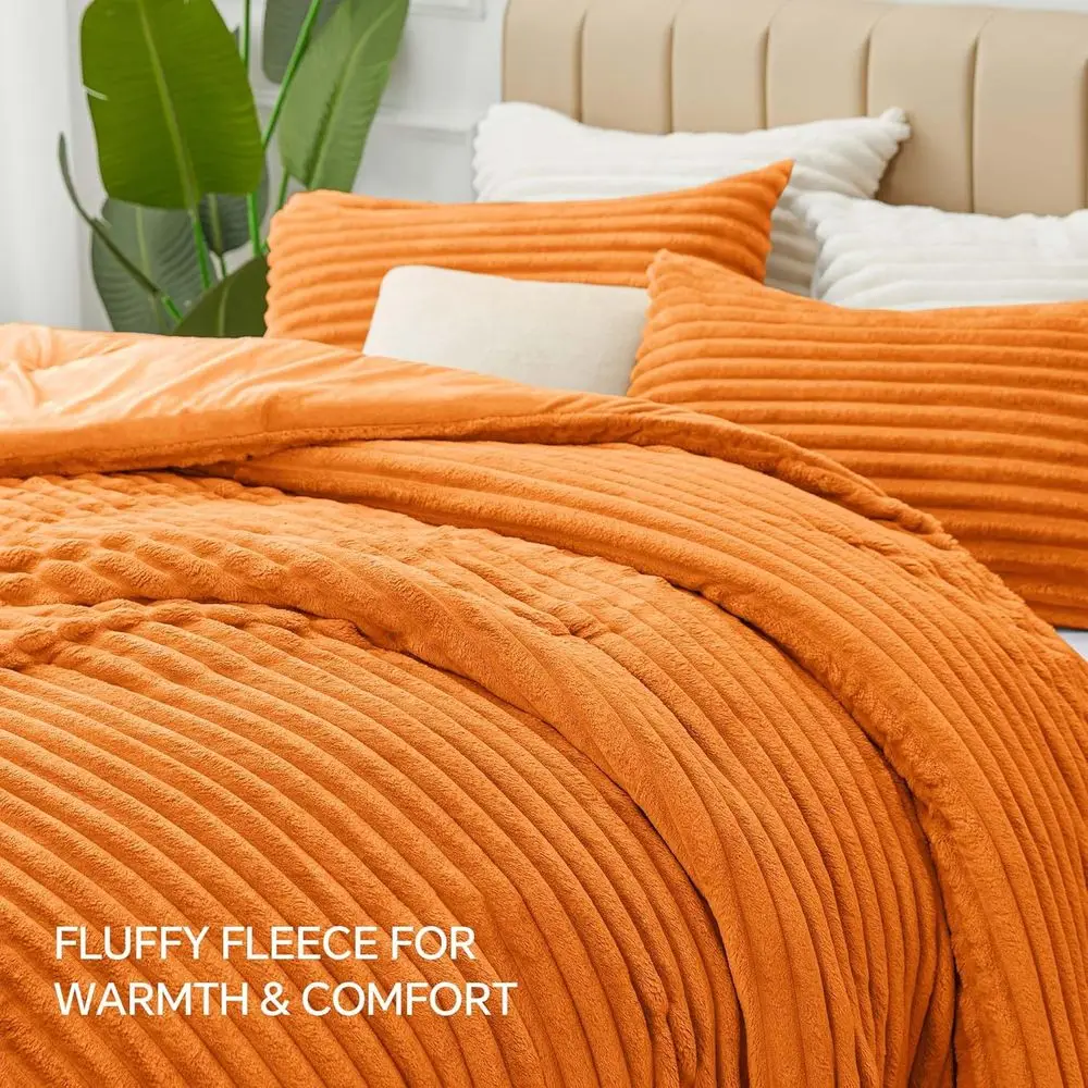 طقم سرير برتقالي محروق ودافئ فائق النعومة، لحاف شتوي ثقيل من القطيفة الفاخرة مع كيس وسادتين