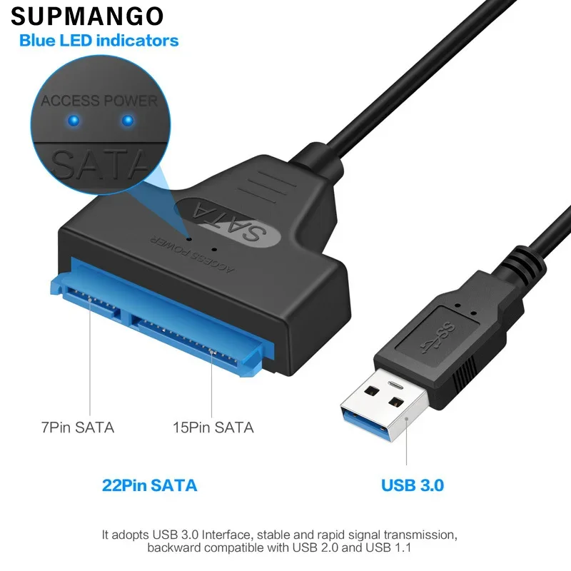 Cavo da SATA a USB 3.0 / 2.0 per disco rigido SSD HDD esterno da 2.5 pollici SATA 3 adattatore a 22 Pin cavo da USB 3.0 a Sata III fino a 6 Gbp