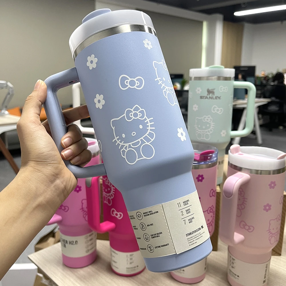 40oz Disney Hello Kitty Stainless Steel Insulated Mug with Handle Straw Mugs Large Capacity Thermos Drinks Coke Coffee Mug