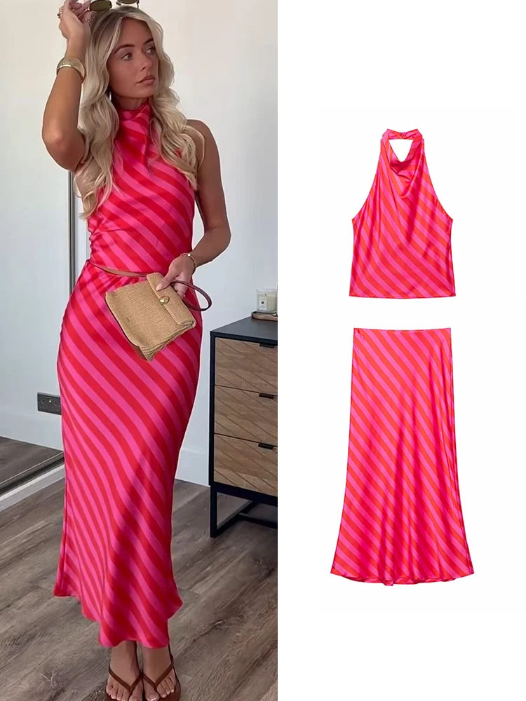 TFMLN New Women's Striped Skirt Set Halter Neck Backless Tops Elasticated Waist Midi Skirts Casual Summer 2 Piece Sets Lady