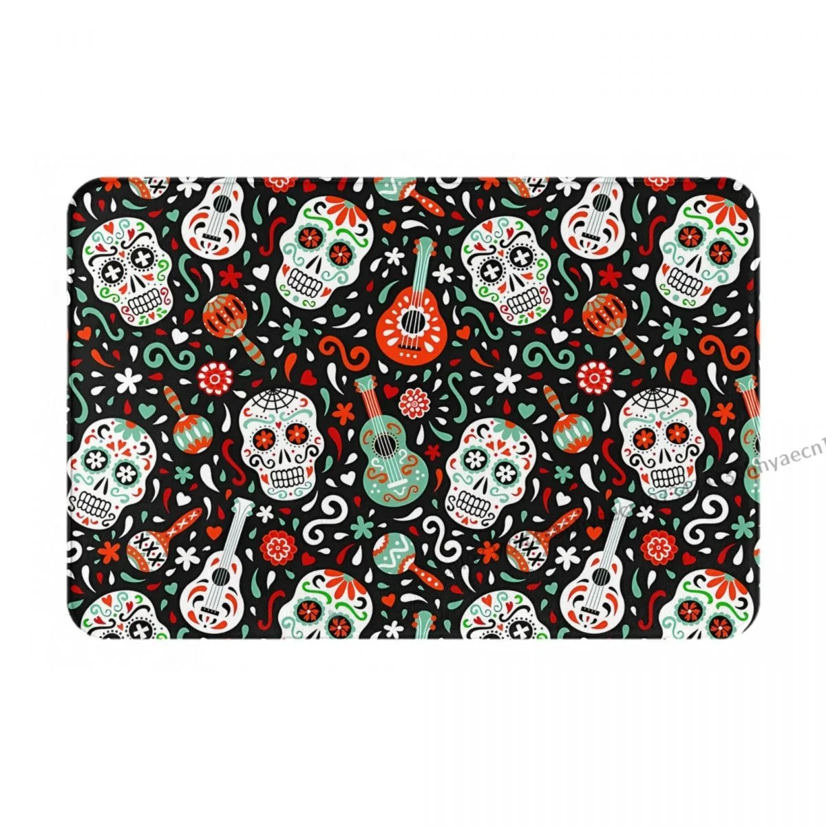 Mexican Skull Halloween Day Of The Dead Sugar Bath Mat Ethnic Mariachi Musical Instrument Entrance Door Rug Home Decor