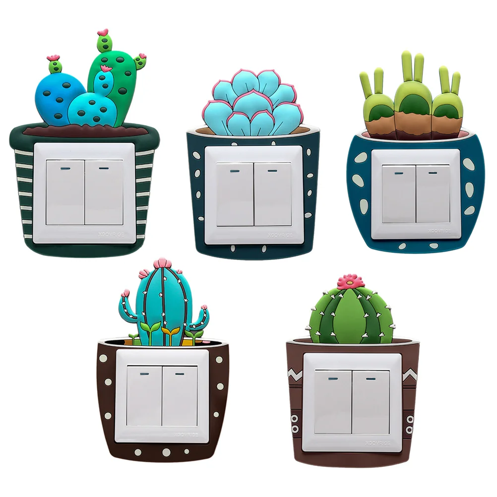 

5pcs Luminous Switch Sticker Night Glow Button Cover Waterproof Mildew Resistant Cartoon Cactus Shape Wall Decor Kids Room Home