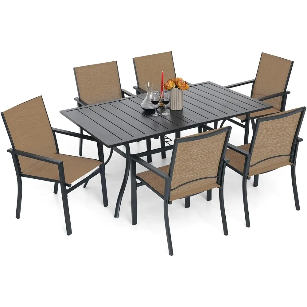 

7 Pieces Patio Dining Set for 6, Metal Chairs & Rectangle Table With 1.57"/1.9" Umbrella Hole for Outdoor Backyard Bistro Furnit