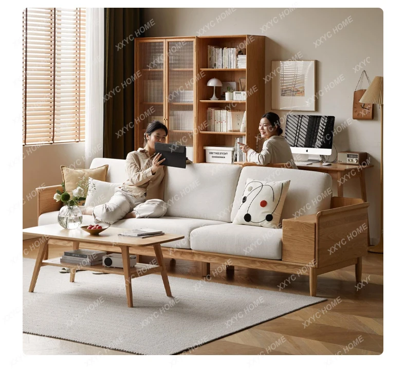 Solid Wood Sofa Modern Minimalist Oak Straight Row Sofa Small Apartment