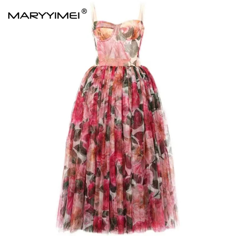 MARYYIMEI Fashion Designer Summer Vintage Vacation Dress Women's Spaghetti Strap Floral prin High waist Mesh Midi Dress