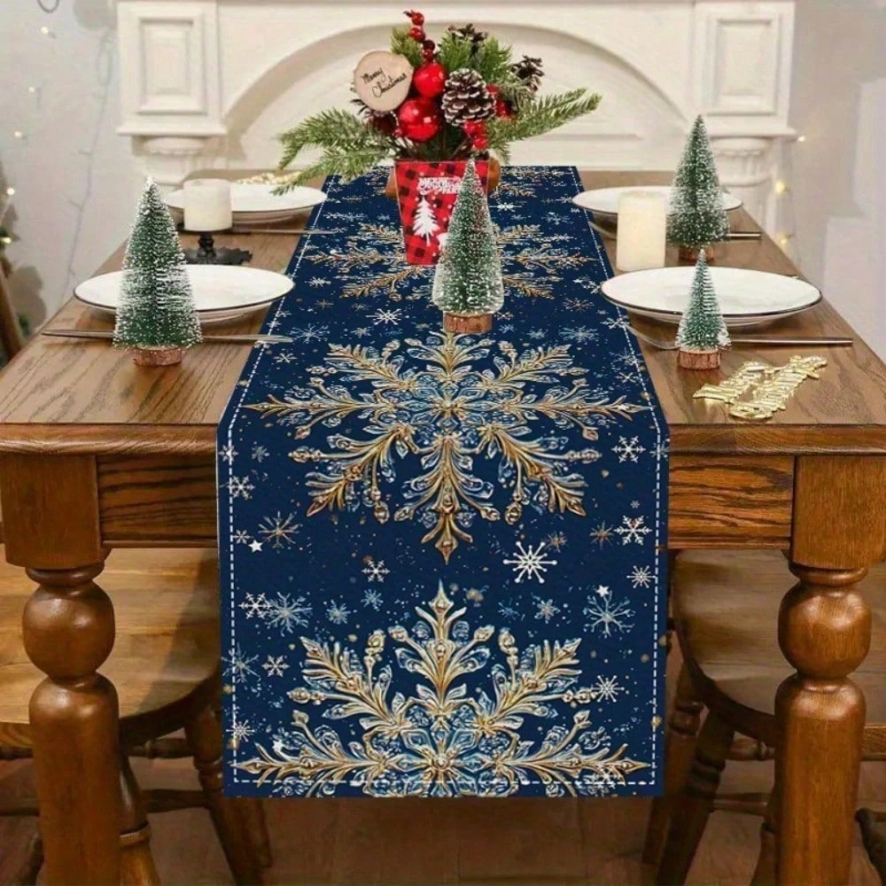 

Элегантная скатерть-дорожка для стола с золотыми снежинками, темно-синяя, 1 шт. – Праздничный зимний декор с изысканными цветочными узорами