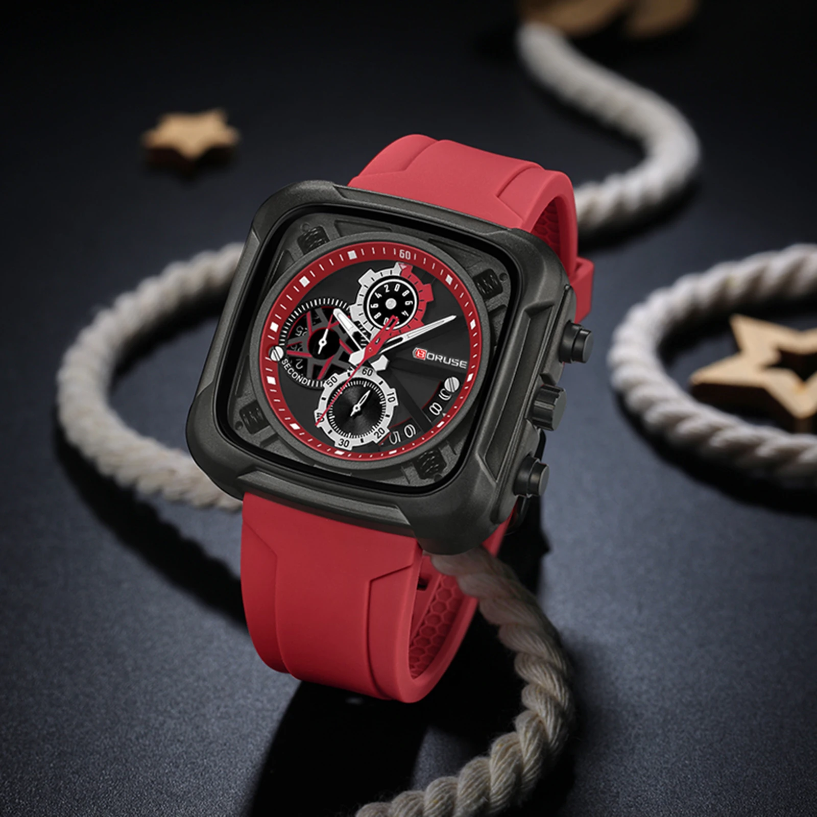 Montres chronographes en silicone rouge pour hommes, montre étanche pour hommes d'affaires, horloge à quartz, inspection de la faillite