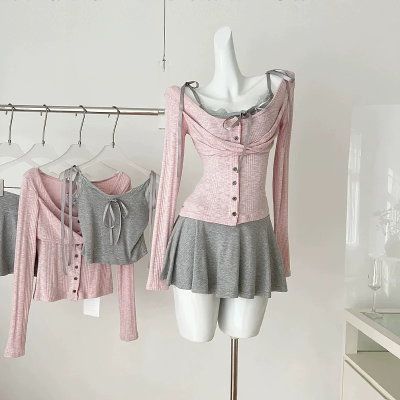 miyu-2026年初秋ファッショナブルなピュアデザイアストラップtシャツツーピースセット韓国風の雰囲気エレガントな高品質服