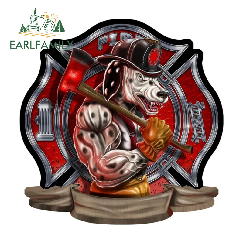 EARLFAMILY 13cm for Creative Firefighter Dalmatian Car Sticker Anime Windshield Decal Vinyl Car Accessories Bumper RV Decoration