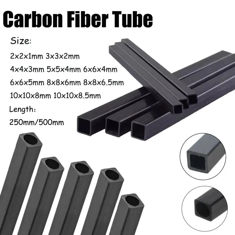 1-2-3pcs Carbon Fiber Square Tube Length X 250/500mm Outer Diameter 2mm 3mm 4mm 5mm 6mm 8mm 10mm Round/Square Interior