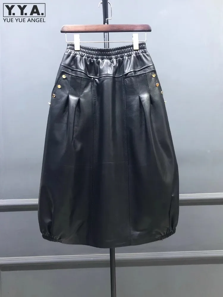 

Loose Fit High Waist Casual Women Sheepskin Genuine Leather Skirt Streetwear Elastic Waist Personality Medium Long Bud Skirt