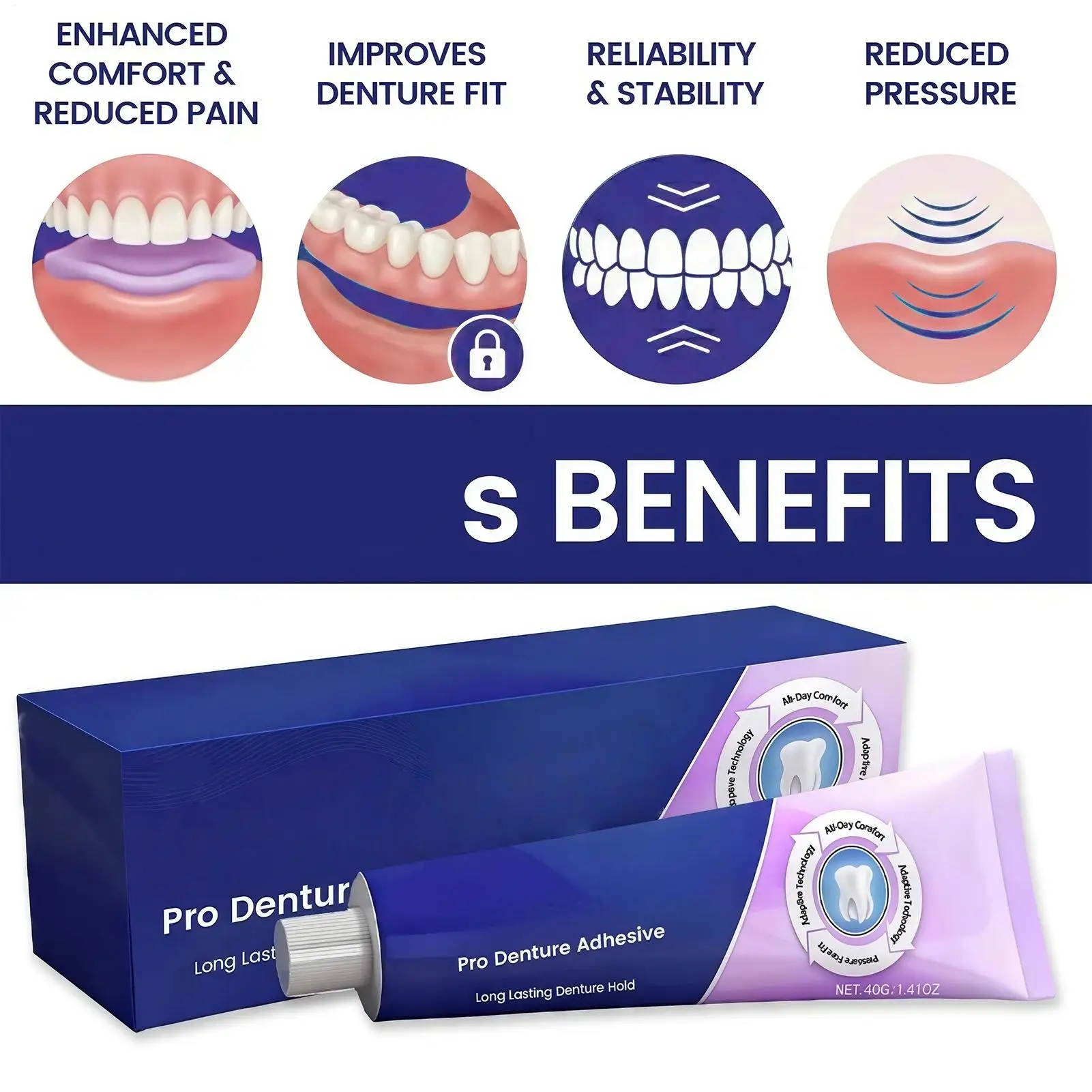 Denture Adhesive Cream Long Lasting Hold Firm Fit Comfortable Wear Prevent Loose Dentures Gentle Gentle Gum Safe OralCare 40g
