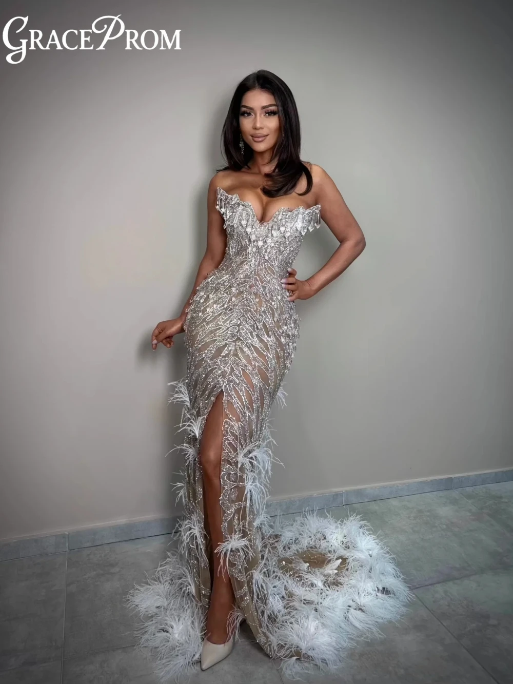 

Dazzling Beaded Crystal Mermaid Long Evening Dress With Slit Luxury Feathers Wedding Party Gown 2026 New Customized Prom Dresses
