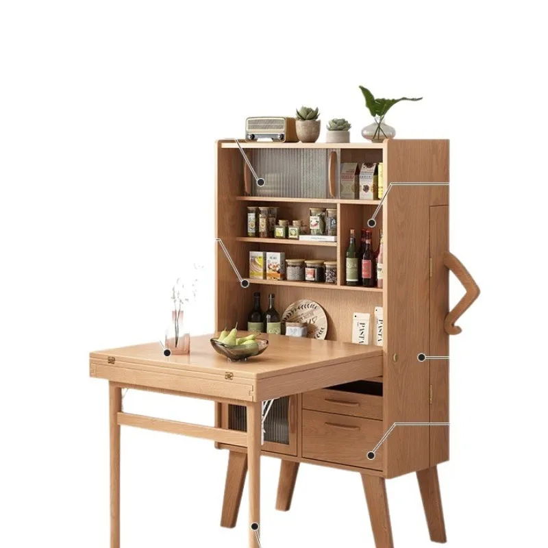 

Household small apartment retractable dining table solid wood rectangular eating table side cabinet