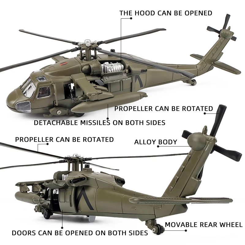 1/64 Scale Blackhawk UH-60 Alloy Helicopter Diecast Toy Model Fighter Military Flying Airplane Simulation Light Toys For Kids