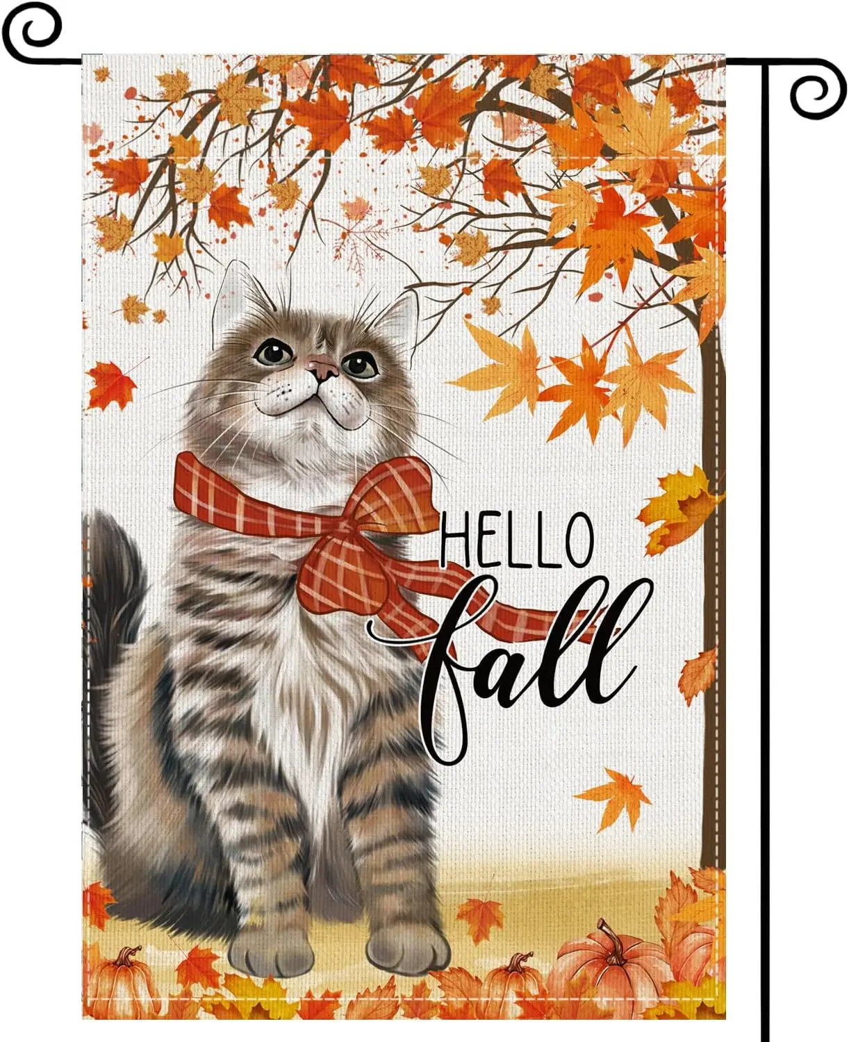 Fall Cat Garden Flags 12x18 Inch Double Sided, Hello Fall Cat with Scarf Maple Small Yard Flags Seasonal Decorations for Outdoor