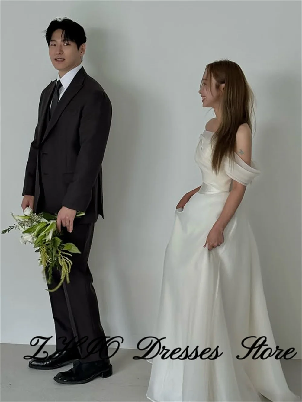 ZHIO Elegant Off the Shoulder Wedding Party Dress A-line Floor Length Organza Korea Photo Shoot Bridal Gown Custom 웨딩드레스