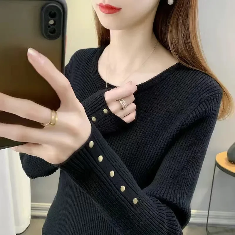 Fashion Women Long Sleeve Knitted Sweaters Spring Autumn New Solid Slim O-Neck Korean Basic Casual Bottoming Pullovers Tops