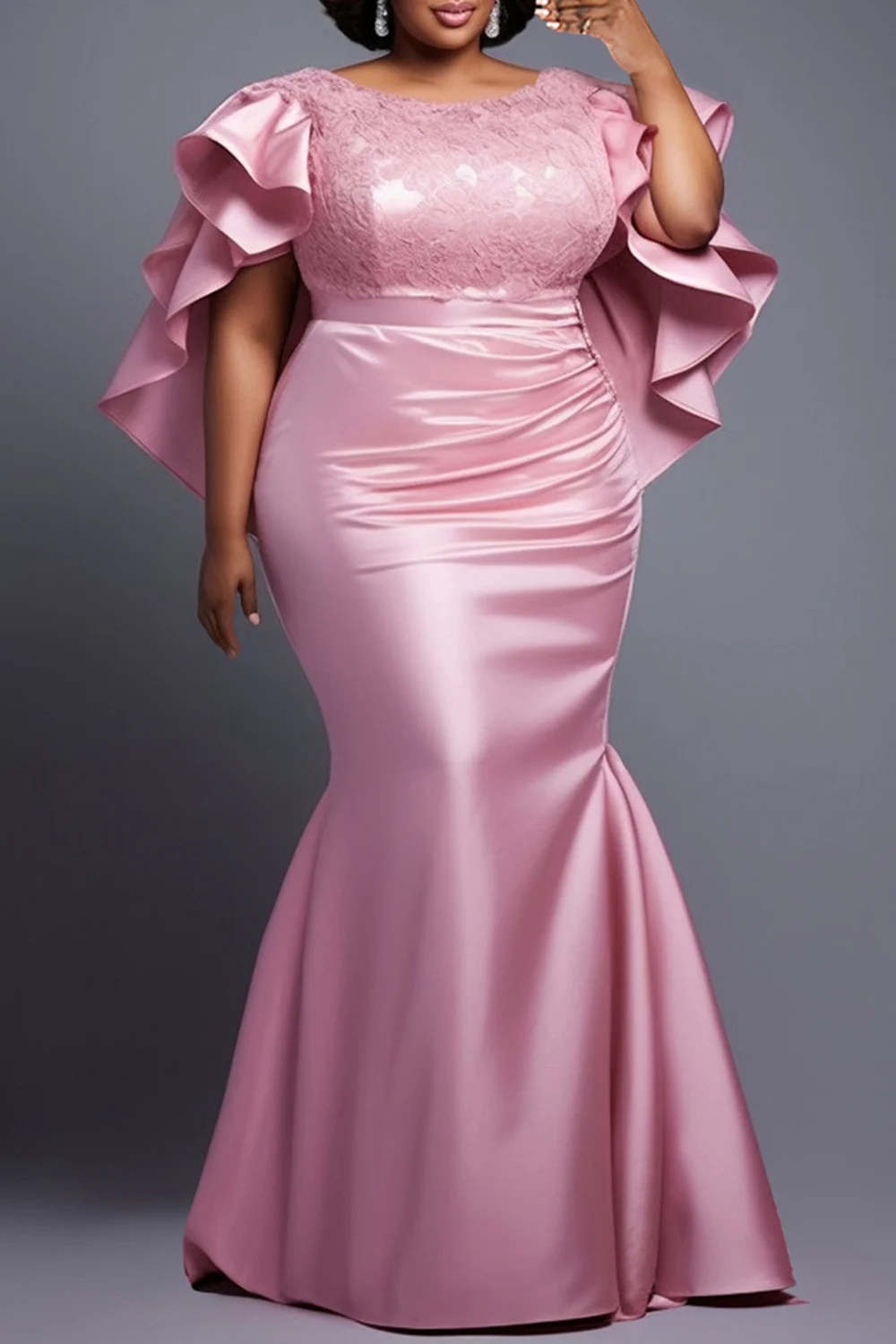 بالإضافة إلى حجم الوردي جولة الرقبة البتلة كم حورية البحر أنيقة كشكش الدانتيل فساتين ماكسي الساتان #3