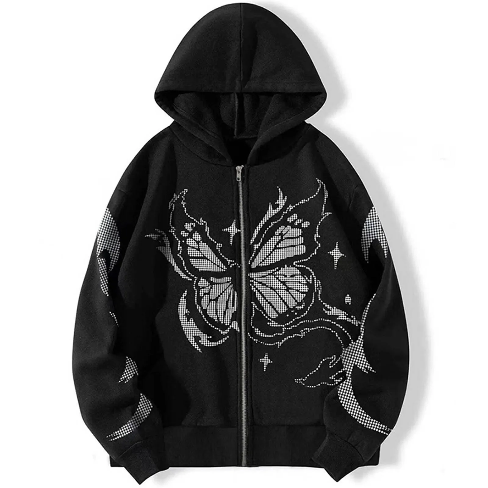 

Y2k Women Gothic Black Zip Up Oversize Harajuku Hooded Butterfly Print Sweatshirts Stitch Loose Lovers Wear Hoodie Autumn Winter