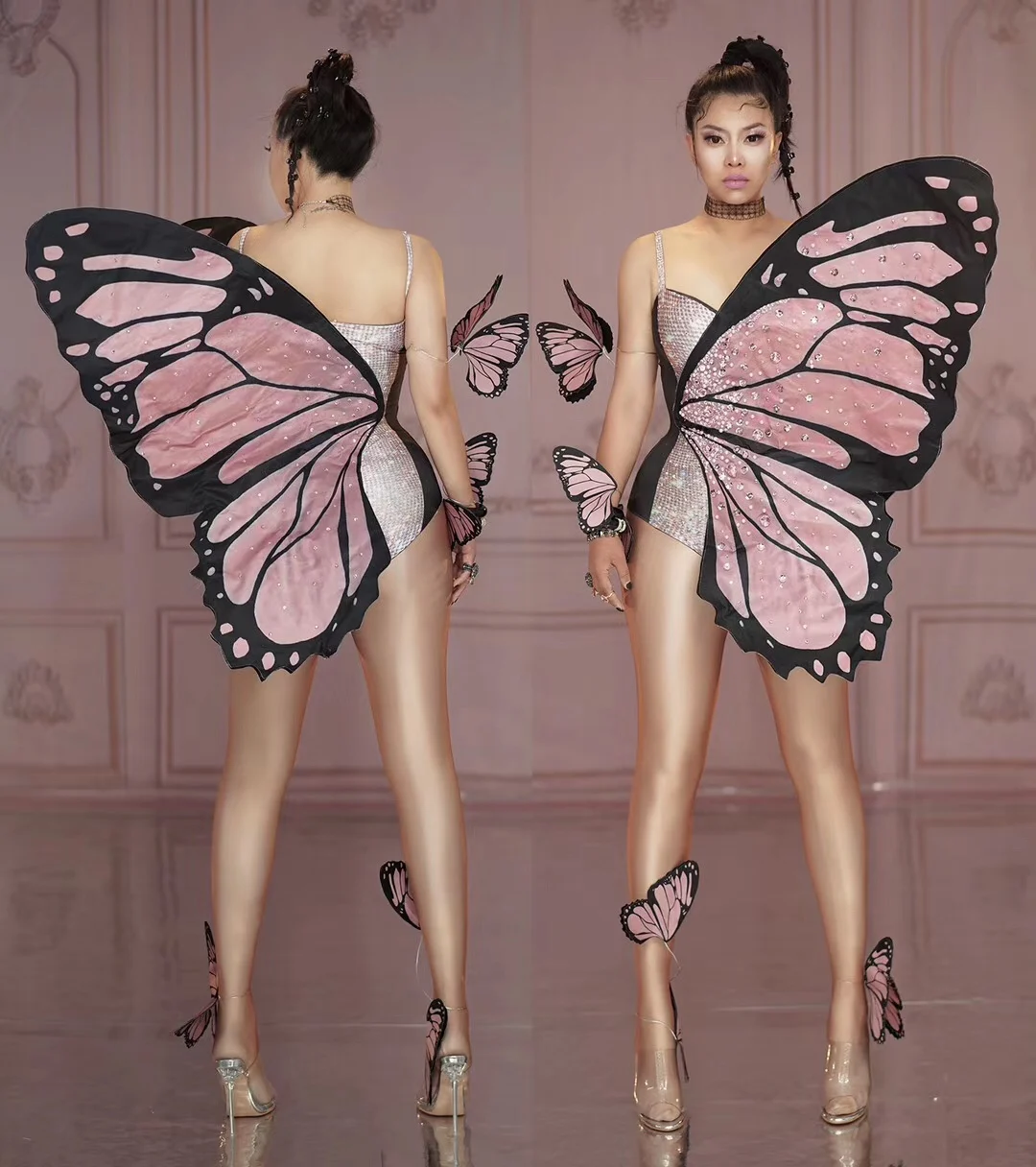 

Exclusive Bling Pink Butterfly Wings Rhinestones Bodysuit Dance Women Party Show Performance Stage Wear Halloweencosplay Costume