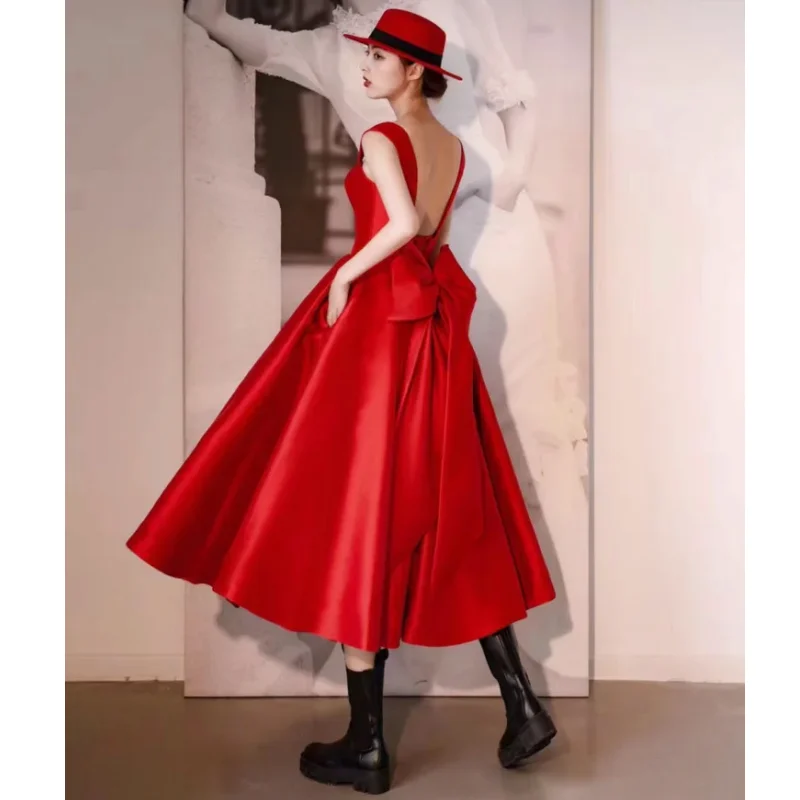 Red Women Ceremonial Dress Satin Solid With Bow Sleeveless For Wedding Evening Banquet Party Birthday Bridesmaid Gowns