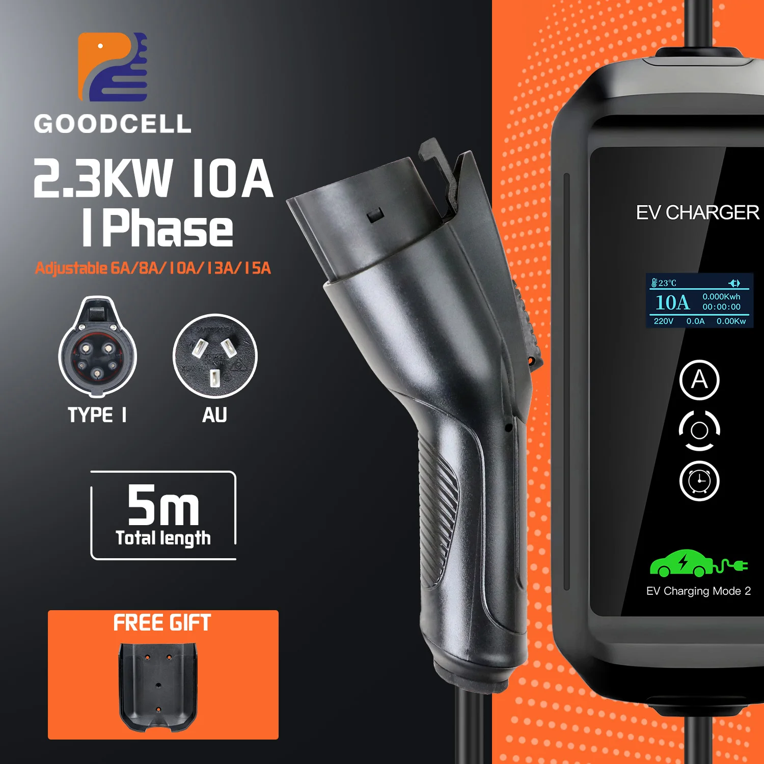 

GOODCELL AU NZ plug Type1 2.3kw 6/8/10A Adjustable EV Charger EVSE Car Home Charging Portable Use for Charge Plug IP 66