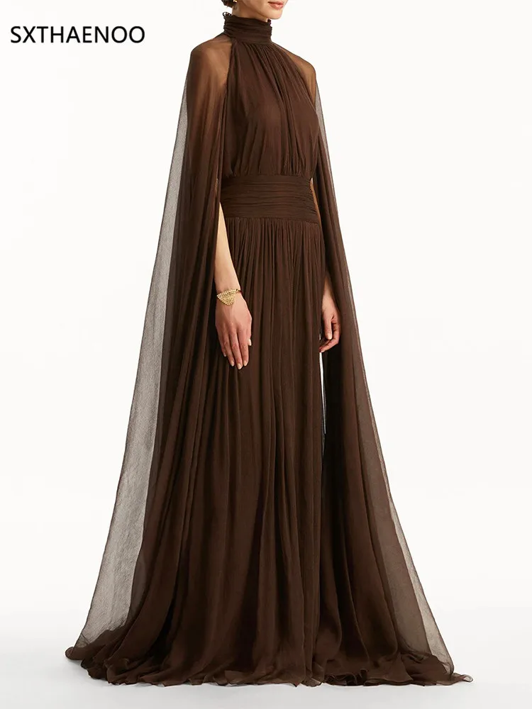 SXTHAENOO Solid Afslanken Gesplitste Plooien Temperament Jurken voor Vrouwen Hoge Hals Lange Mouwen Backless Sheer Jurk Vrouwelijke Nieuwe 2025