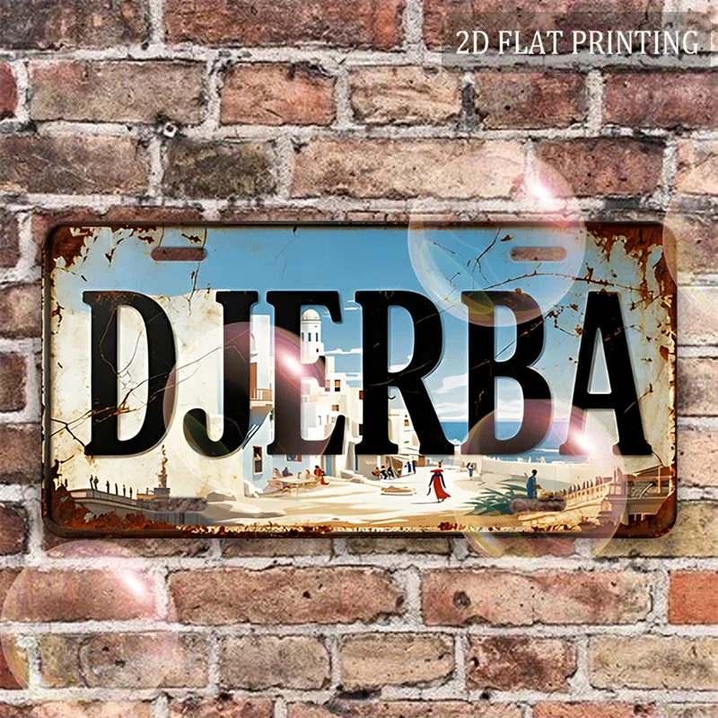 Djerba Tunisia Retro Aluminum Tin Sign, 2D Flat License Plate Style Wall Art for North African Souvenir Home Decor