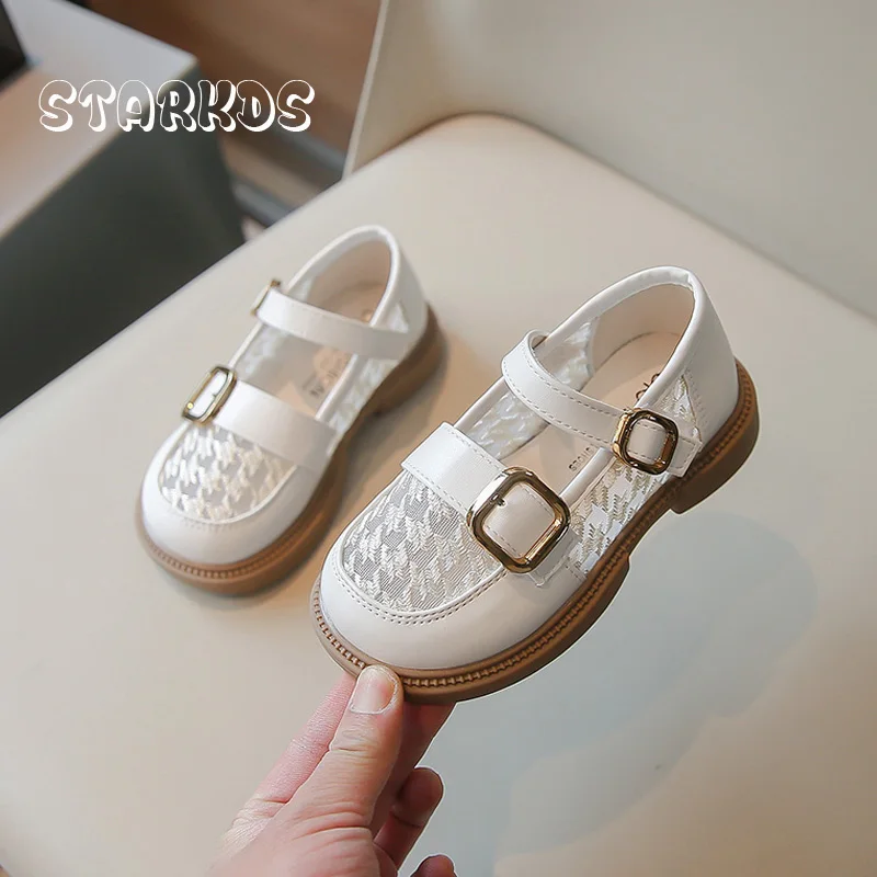 Elegant Houndstooth Lace Mesh Loafers For Kid Girl Thick Sole Buckle Strap Mary Janes Children White Black British School Shoes