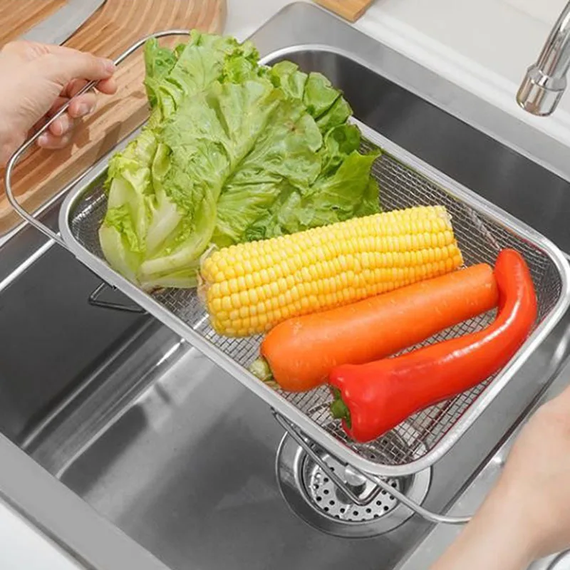 Adjustable Drain Basket Stainless Steel Kitchen Sink Holder Dish Drain Rack Multifunctional Fruit Vegetable Storage Shelf