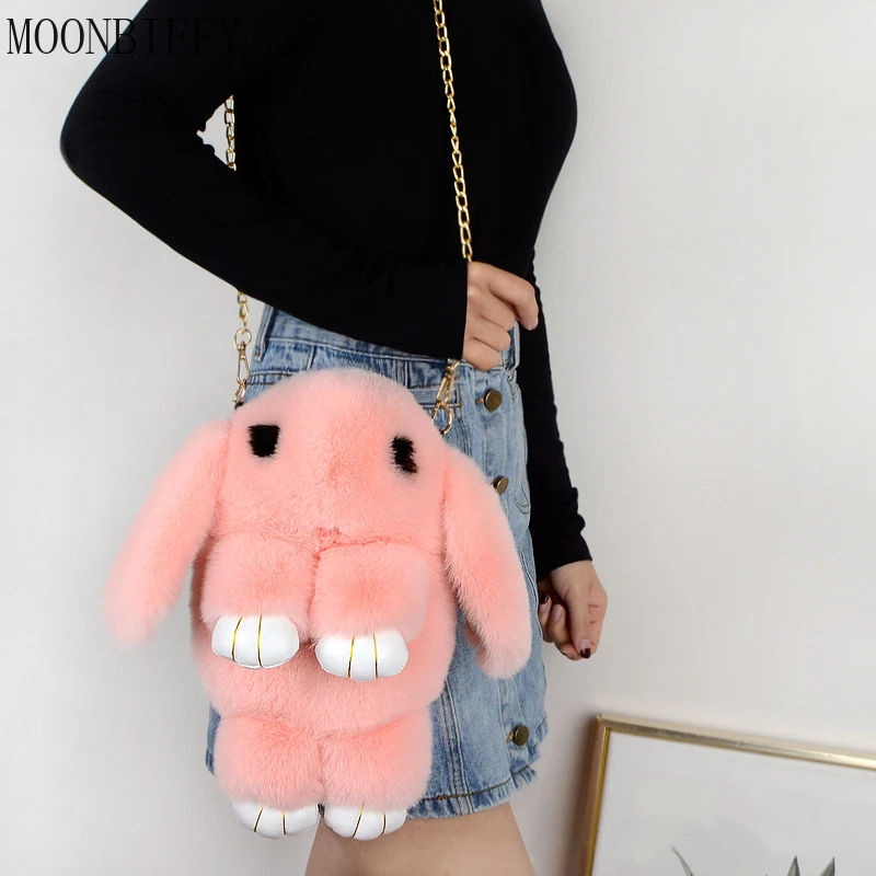 Fluffy Stuffed Bunny Shoulder Bag Plush Backpack Cute Fluffy Rabbit Fur Pompoms Chain Bag Women Cartoon Rabbit Sling Bag Bolsa