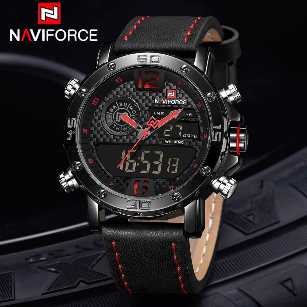 NAVIFORCE To Luxury Brand Mens Quartz Watches Leather Sports Watches Men\'s LED Digital Clock Waterproof Military Wrist Watch