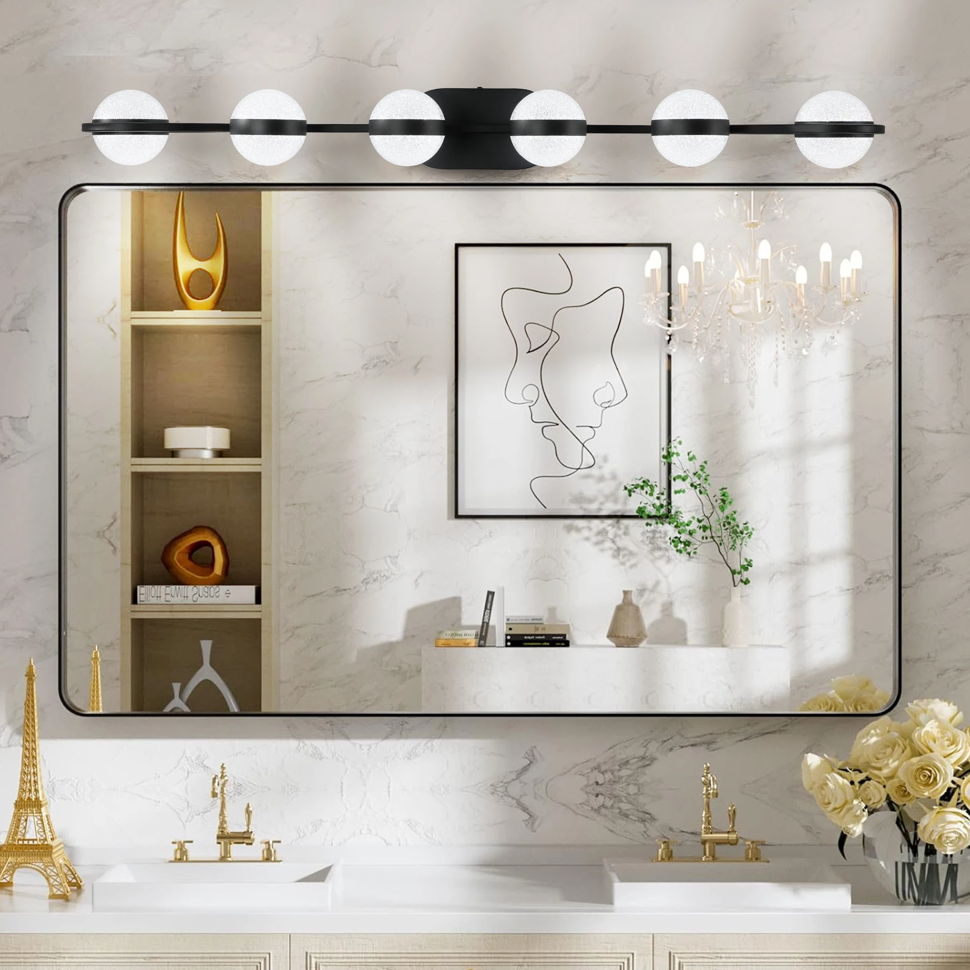 

LED Vanity Light Modern Minimalist Bathroom 6 Bulb Frosted Glass Shades, Wall Mounted Decorative Lighting Fixture (Black)