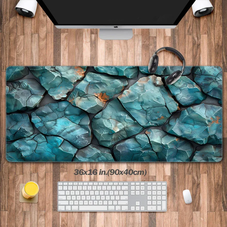 Turquoise Stone Textured Surface Gaming Mouse Pad, XXL Waterproof Desktop Mouse Pad, Extra Wide & Bold with Non-Slip Rubber Base