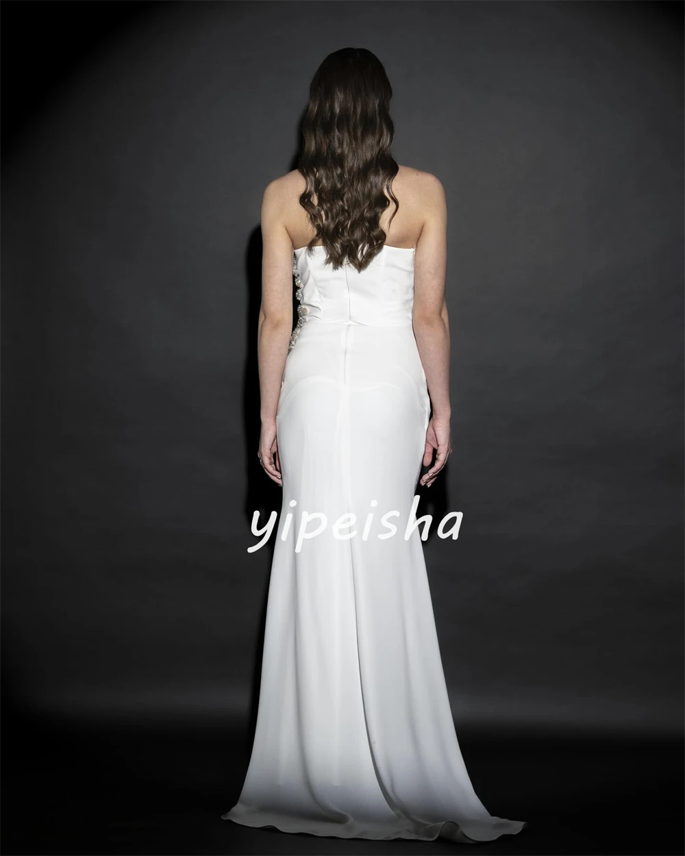 Sparkle Exquisite High Quality Jersey Draped Pleat Sequined Beach A-line Strapless Bespoke Occasion Gown Long Dresses