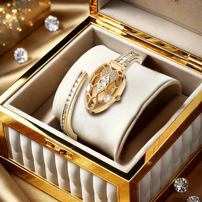 

Женский золотой стальной ремешок, темпераментный корпус в виде змеи, обернутый корпусом, кварцевые часы со скелетом