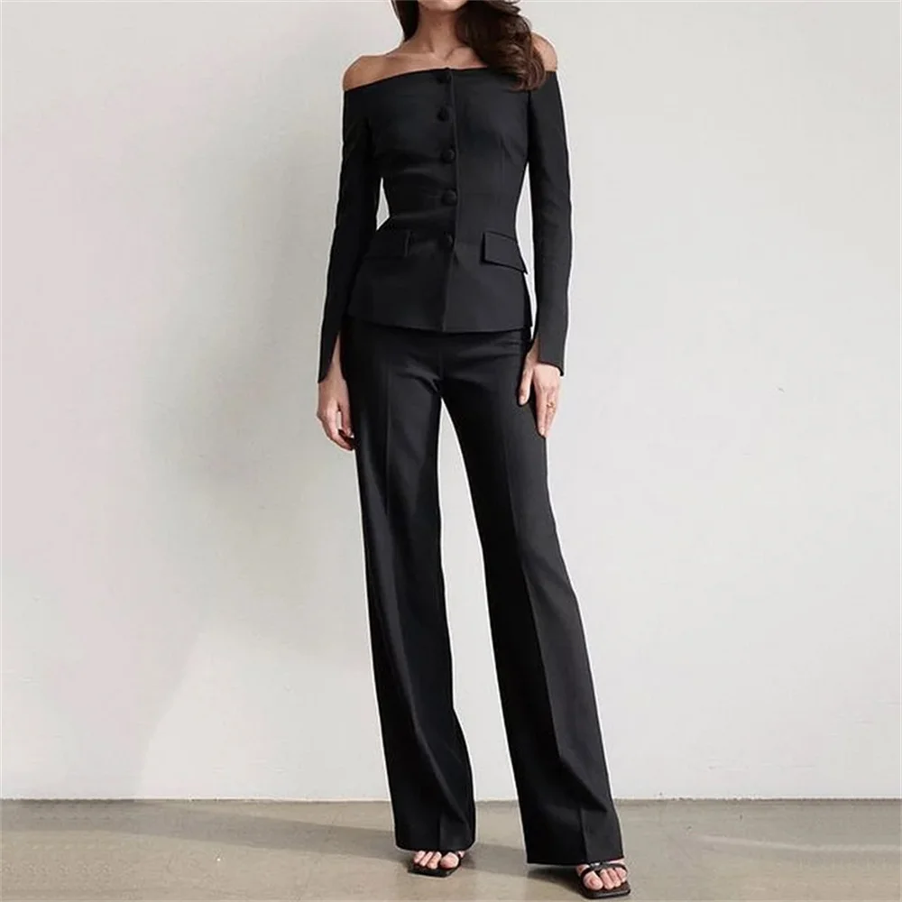 Women Black Off Shoulder Long Sleeve Blazer Long Pants Set Autumn Office Lady Elegant Single Breasted Coat Flare Pants Suit