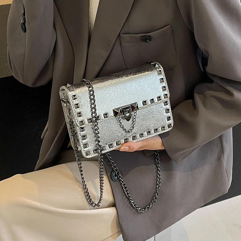 Punk style Crossbody Bag Fashion Rivet Chain Small Shoulder Bags For Women Chain Flap Bag Leather Purses Designer Female Handbag