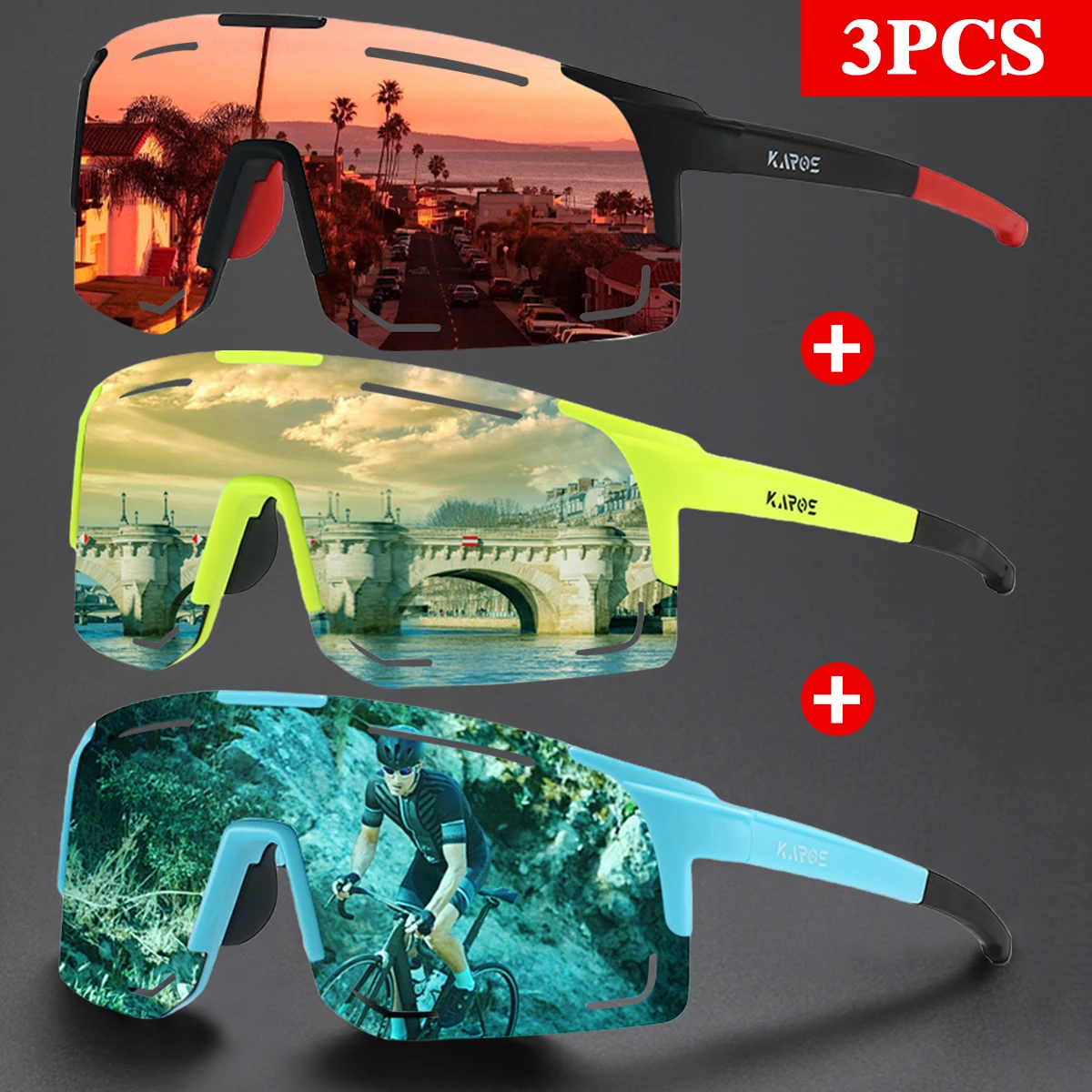 3Pcs/Set Karos Cycling sunglasses UV400 Goggles For Men Women Road Cycling Mountain Biking Outdoor Sports Mountaineering Glasses