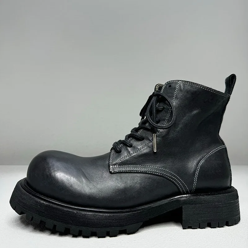 American Retro Washed Casual Desert Motorcycle Ankle Boots Men's Handmade Shoes Round Toe Thick Soled Genuine Leather Boots Male