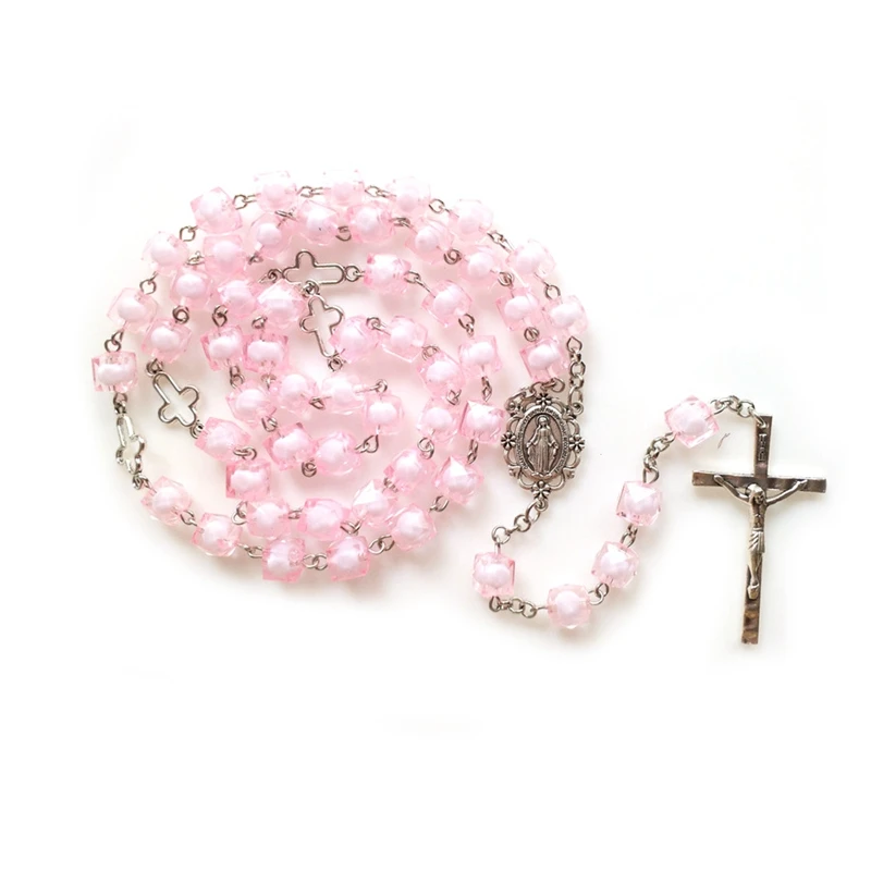 QIGO Pink Square Rosary Hollow Cross Pendant Long Beaded Chain Necklaces For Men Women