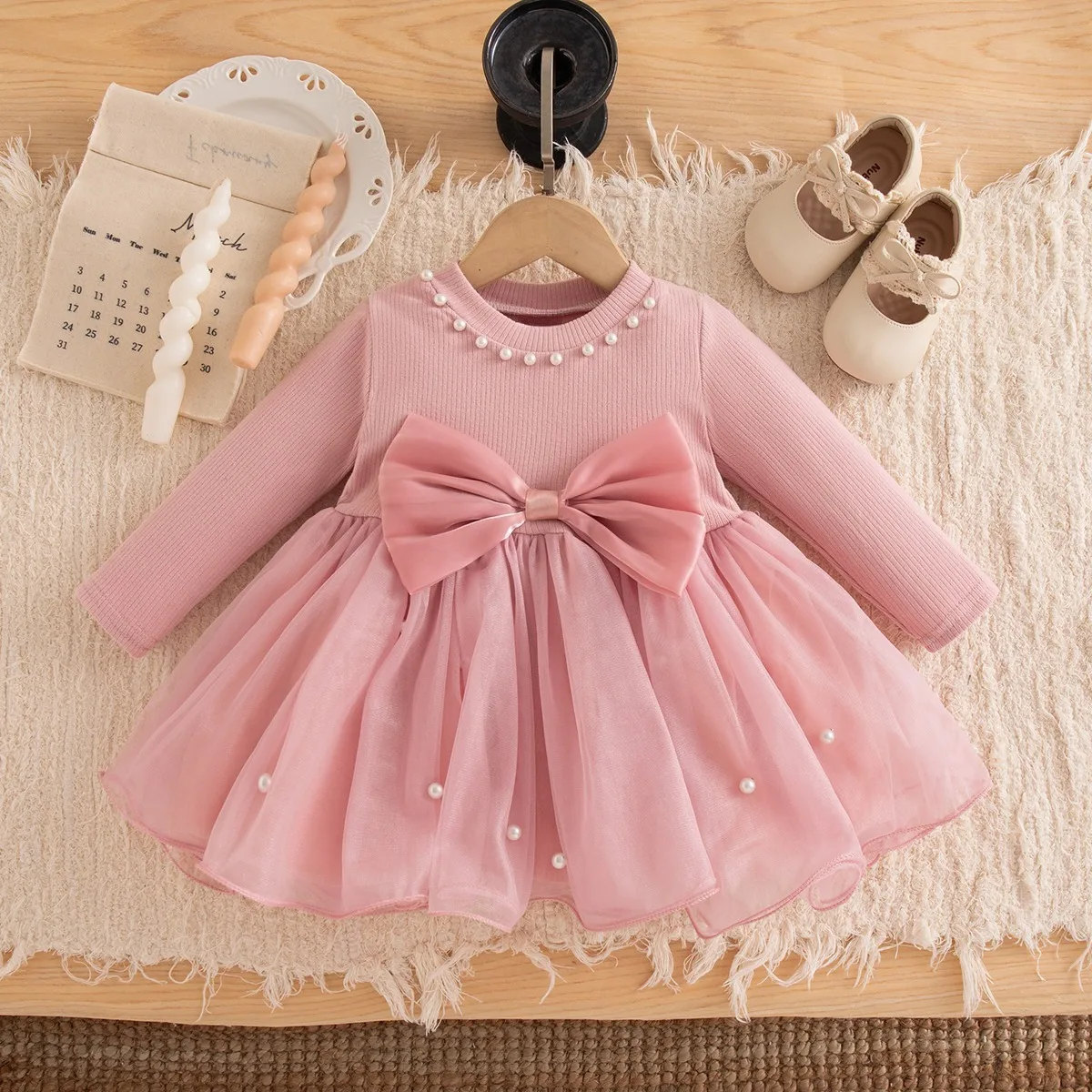 Autumn/Winter New Baby Girl Dress Sweet Birthday Dress Long Sleeved Mesh Lining Design Cute Wedding Flower Girl Party Girl Dress